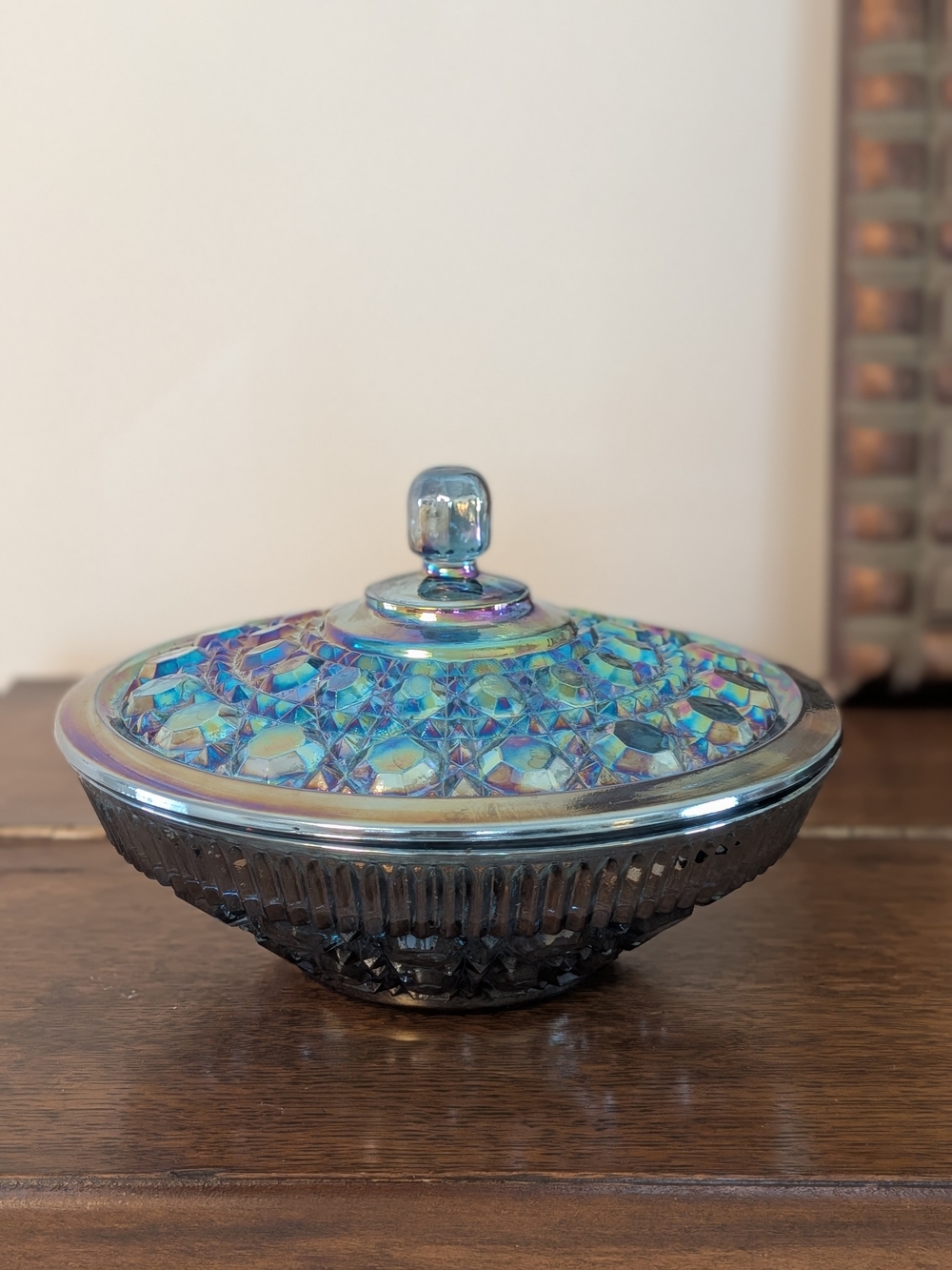 Vintage Indiana Glass Diamond Point Blue Iridescent Covered Candy Dish